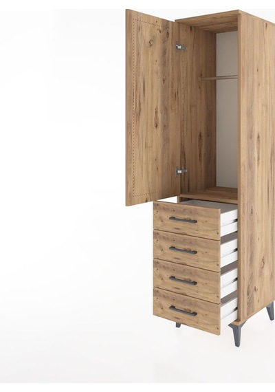 Hyperion Dolap Tek Raflı 4 Çekmeceli Tek Askılı 44x44x182 Çam... Çam