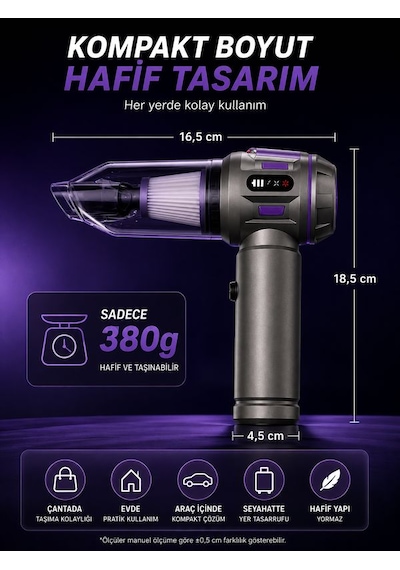 22000pa 6000mah Araç Süpürgesi Dijital Göstergeli Güçlü Vakum Hava Üfleme Kablosuz Temizlik Gri