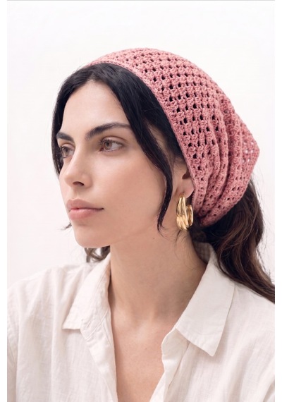 Kadın File Örgü Görünümlü Triko Bandana Plaj Aksesuarı Pembe Pembe