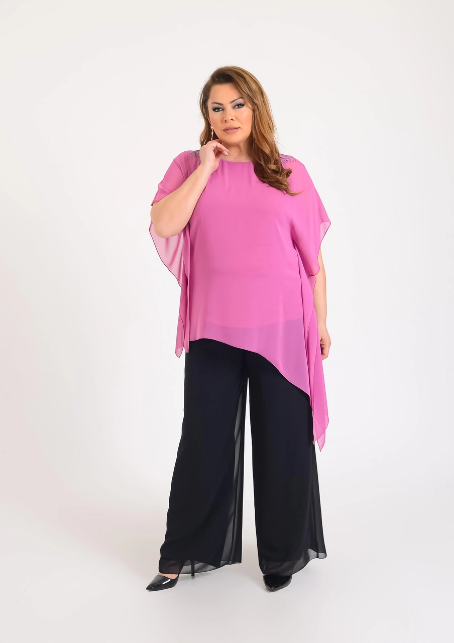 Lilas Xxl Büyük Beden Pembe Renkli Asimetrik Kesim Şifon Bluz Pembe