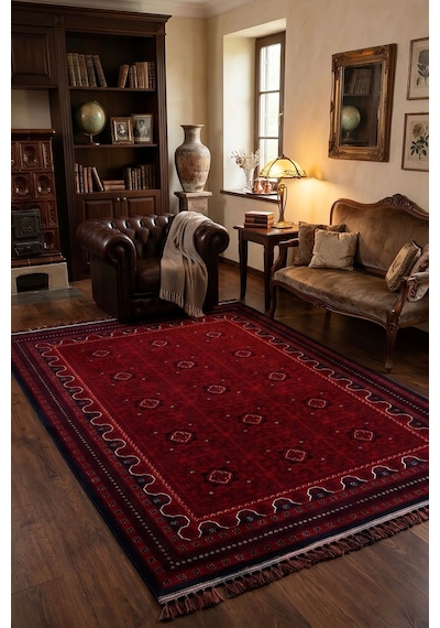 Leiva Home Otantik Afgan Etnik Desenli Kadife Bambu Kaymaz Yıkanabilir İpeksi Yumuşak Saçaklı Salon Halısı Red/bordo
