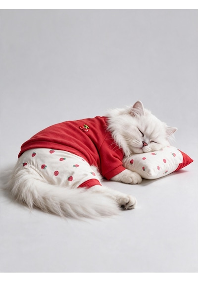 Tatlı Çilek Kedi Rüyası Pamuklu Çilekli Kedi Tulumu, Kırmızı Sweatshirt Ve Mini Yastık 3parça