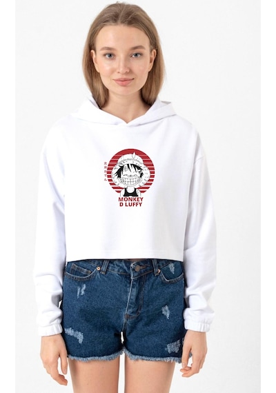 One Piece Anime Monkey D Luffy Beyaz Optik Kadın Crop Kapşonlu 001