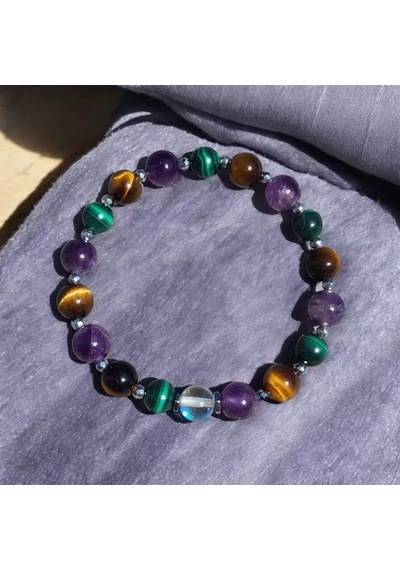 Doğaltaş Malahit-ametist-kaplangözü Taşı Migren Bilekliği Çok Renkli
