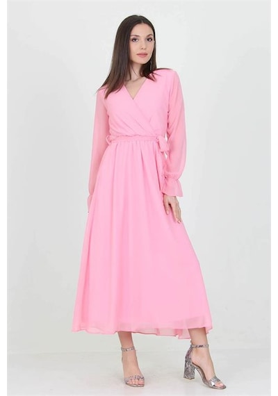 Neşeli Butik Kadın Kuşaklı Pudra Uzun Şifon Elbise Kts003 Pudra