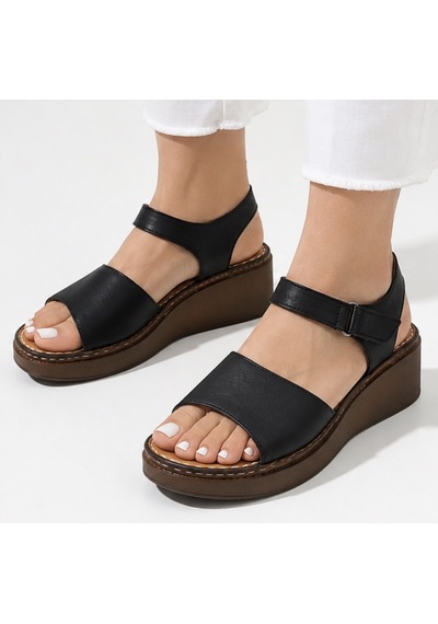 N Napa Shoe Np.1266.siyah Deri Napa Shoe Kadın Hakiki Deri Dolgu Topuk Sandalet Siyah