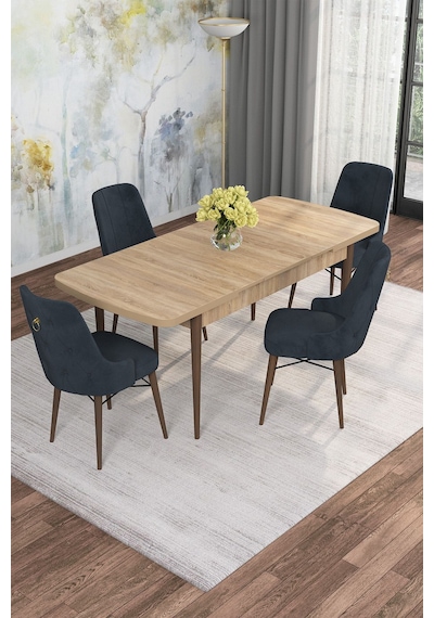 Mona Meşe 80x132 Açılabilir Mdf Masa Yemek Odası Takımı, Mutfak Takımı 4 Adet Sandalye Meşe Masa - 4 Antrasit - Ceviz Ayak