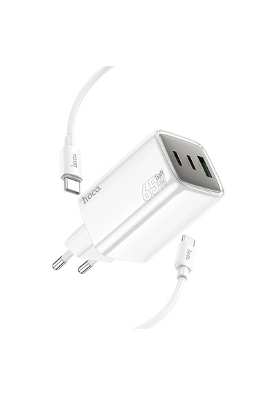 Hoco. N49 Glorious 2 Adet Type-c Ve 1 Adet Usb Çıkışlı Ekstra Type-c To Type-c Kablolu 65w Pd Hızlı Şarj Aleti - Beyaz