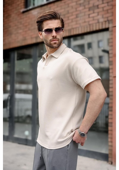 Madmext Taş Rengi Polo Yaka Oversize Erkek Tişört E7185