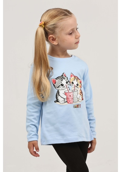 Toontoy Kız Çocuk Regular Fit Bisiklet Yaka Baskılı Sweatshirt - Tk24803 Mavi
