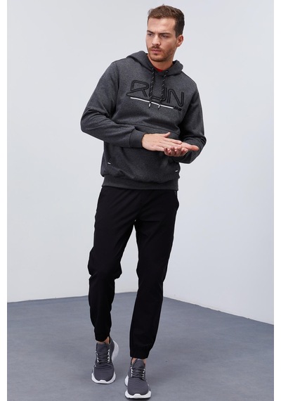 Tommy Life Antrasit Melanj Yazı Nakışlı Standart Kalıp Kapüşonlu Erkek Sweatshirt - 87887 Antrasit Melanj
