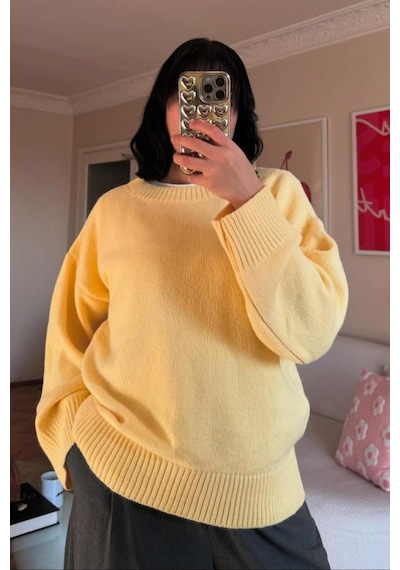 Madmext Sarı Bisiklet Yaka Oversize Triko Kazak Mg1972 Sarı