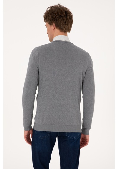 U.S. Polo Assn. Erkek Slim Fit V Yaka Gri Melanj Basic Kazak 50288881-VR086