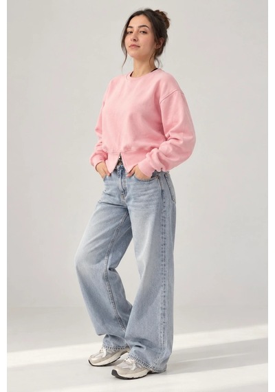Bbbutikbasic Fermuar Detaylı Şardonlu 3 İplik Kadın Sweatshirt My3535 Pembe