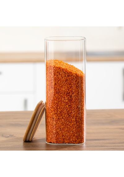 Porsima 7-4 Bambu Vakumlu Kapaklı Kare Borsilikat Cam 4lü Kavanoz Seti Saklama Kabı 1900ml 9,5x27cm