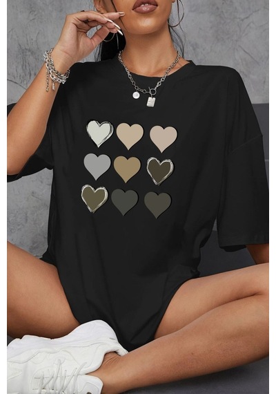 Unisex Kalp Baskılı T-shirt Siyah