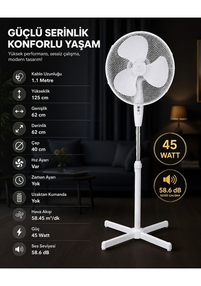 Opp Ayaklı 40 Cm Beyaz Vantilatör 45 Watt 90 Derece