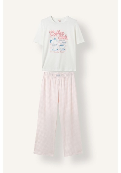 Defacto Baskılı Pötikare Desenli Regular Fit Kısa Kollu 2li Pijama Takımı I8338ax26aupn38 Pembe-pn38