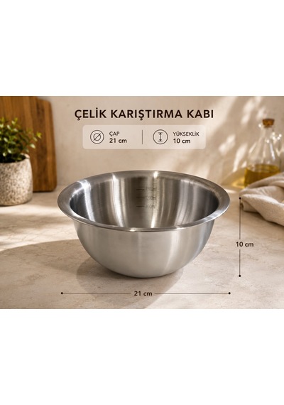 Morponi Paslanmaz Çelik Gümüş Ölçülü Hamur Yoğurma & Karıştırma Kabı 1400 Ml