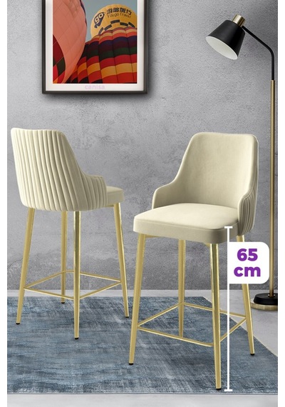 Canisa Tera Serisi 4 Adet Babyface Kumaş 65 Cm Gold Kaplama Ayaklı Krem Bar Sandalyesi Krem Sandalye Gold Kaplama Ayak