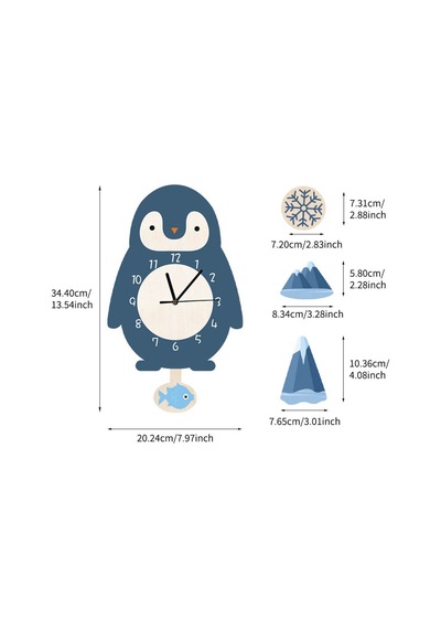 Sallanan Sarkaçlı Penguen Desenli Çocuk Odası Duvar Saati Çok Renkli