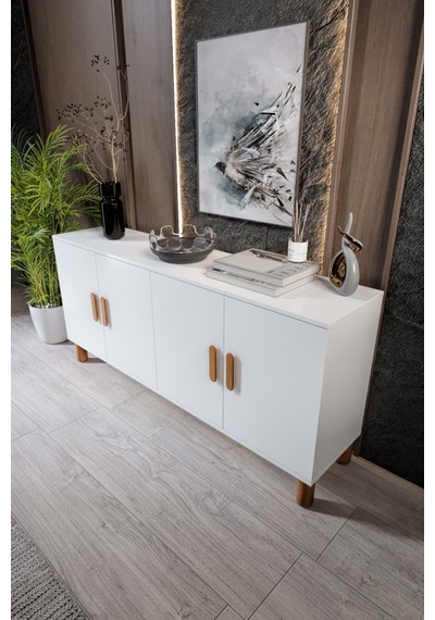 Bohem Serisi Riva Modern 160 Cm 4 Kapaklı Salon Konsolu - Beyaz