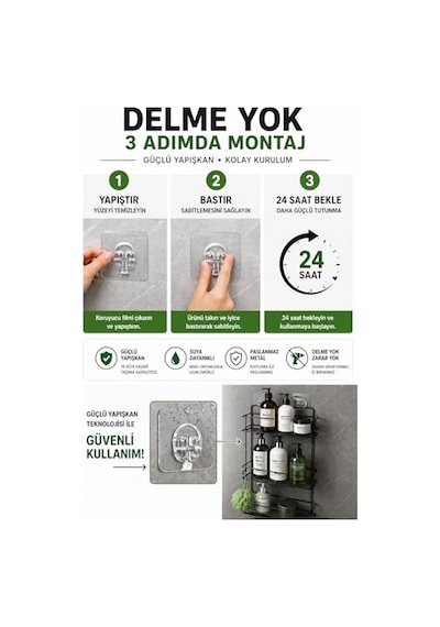 Sas Haus Yapışkanlı Banyo Rafı Siyah Delmeden Montaj Duş Şampuanlık, Paslanmaz Metal, Siyah Organizer Açık Ceviz