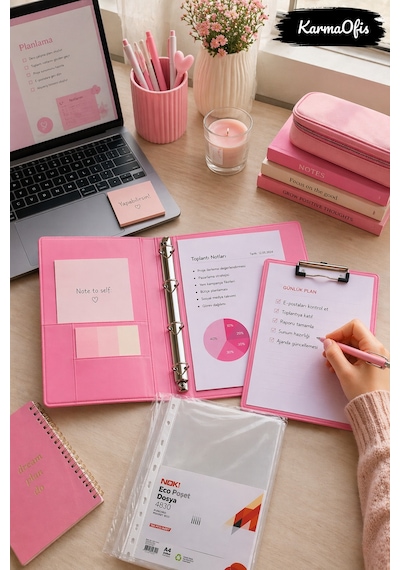 Pink Dreams Aesthetic Kırtasiye Seti A4 4 Halkalı Klasör + Kapaklı Sekreterlik + 100 Adet Poşet Dosya Pembe Pvc Organizer Set