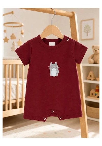 Ferasty İstanbul Unisex Bebek Tulum Kedi Desenli Kırmızı