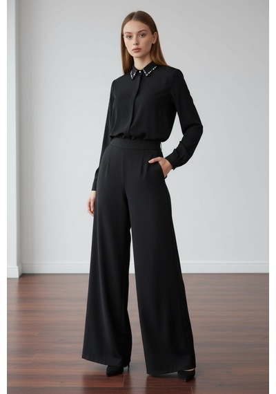 Pera Moda Yakası Taşlı Basic İç Göstermeyen Şık Gömlek Siyah