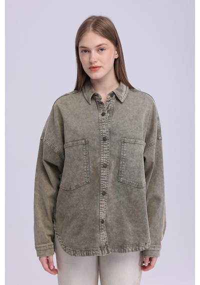 Selectmoda Kadın Çift Cepli Çıtçıt Kapamalı Oversize Kot Gömlek haki