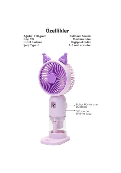 Buhar Üflemeli 3 Modlu Şarjlı El Fanı Seyahat Masaüstü Vantilatör Taşınabilir Mini Fan Mor F830