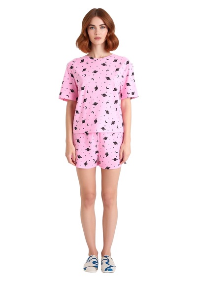 Ersefa Kadın Uzay Temalı Pijama Takımı Bisiklet Yaka Kısa Kollu Fonksiyo Pembe