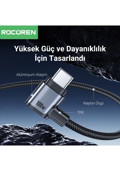 Rocoren 100w Type-c To Type-c 90 Örgülü Pd Hızlı Şarj Ve Data Kablosu 1 Metre