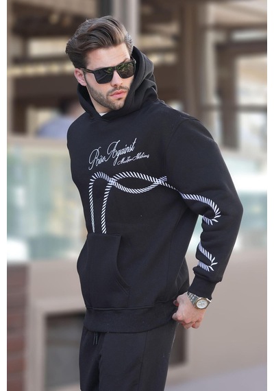 Madmext Siyah Baskılı Kapşonlu Cep Detaylı Erkek Sweatshirt 7067 Siyah