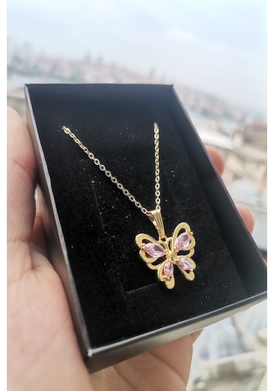 Ervanur Altın Kaplama Pembe Zirkon Taşlı Kelebek Kolye Altın