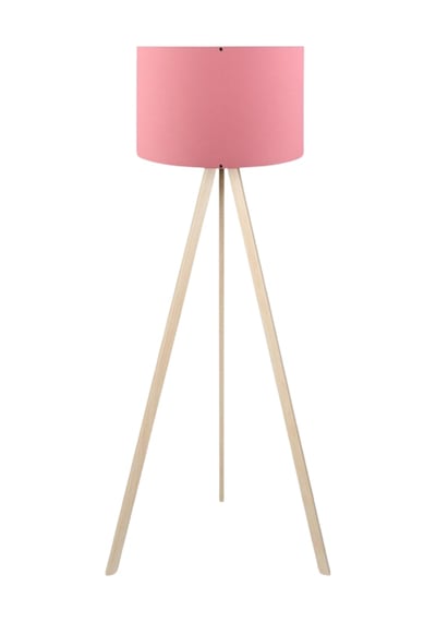 Pratik Ahşap Krem Üç Ayaklı Tripod Lambader Pembe Kumaş Başlık Salon Oturma Odası Köşe Lambası Pembe