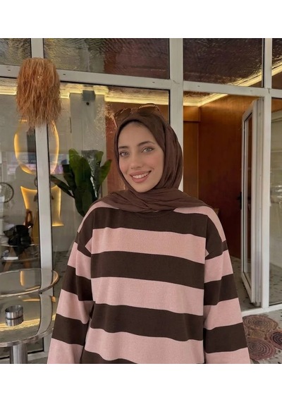 Trend Paris Çizgili Yanı Yırtmaçlı Rahat Kalıp Tunik Bluz Açık Pembe 40