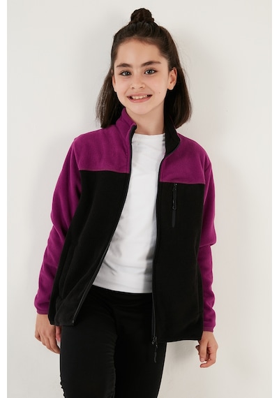 Lela Yumuşak Dokulu Fermuarlı Renk Bloklu Dik Yaka Cepli Hırka Unisex Çocuk Polar 5905001 Mor-Siyah