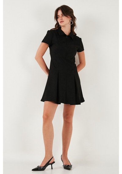 Lela Regular Fit Fermuarlı Polo Yaka Kısa Kollu Pileli Süet Bayan Elbise 5866438 Siyah