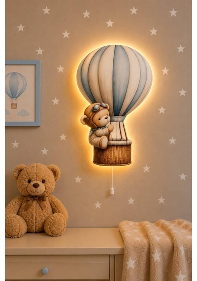 Ahşap Ayıcıklı Kapadokya Balon Pilli Ledli Gece Lambası Bebek Çocuk Odası-yıldız Sticker Hediyeli Mavi