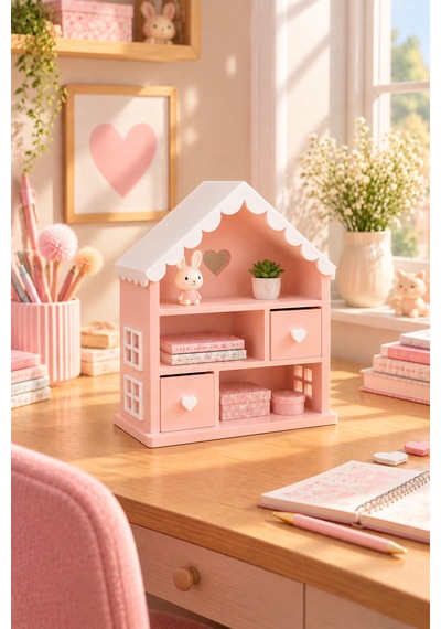 Bebek Evi, Çekmeceli Dekoratif Organizer Large Çocuk Odası Dekorasyonu Pudra Pembe