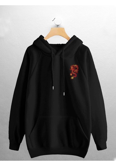 Macklin Unisex Kadın Erkek Kırmızı Ejder Baskılı Sweatshirt Siyah Mck0776 Siyah