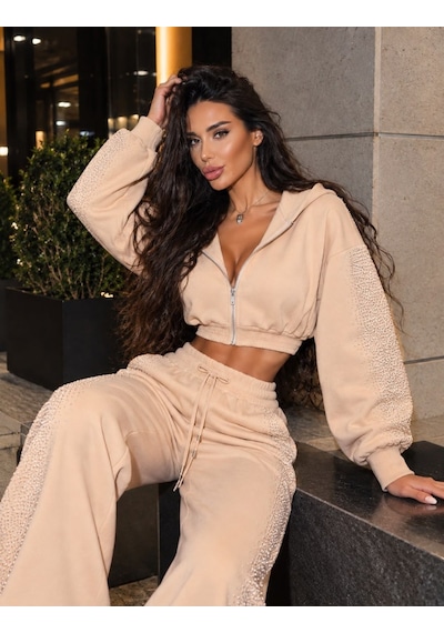 Hazego Kadın Taş Baskı Detaylı Fermuarlı Crop Sweatshirt Ve Geniş Paça Eşofman Takımı Bej