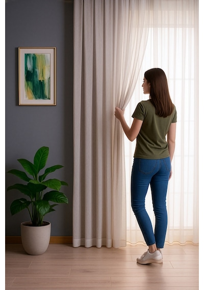 Keten İçeren Tül Perde Doğal Natural Ütü İstemez Salon Oturma Odası Yatak Odası Antre Bej