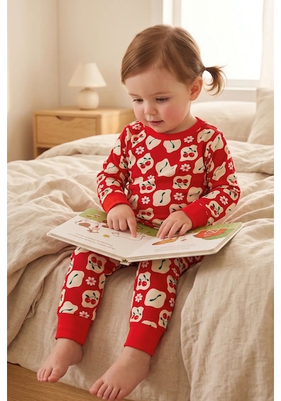Zuzunga Kız Çocuk Kiraz Ve Papatya Desenli Kırmızı Uzun Kollu Alt Üst Pijama Takımı