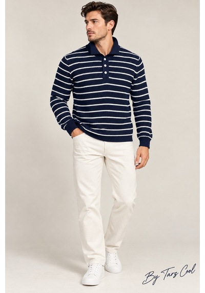 Erkek Çizgili Polo Yaka Triko Kazak Slim Fit Uzun Kollu Pamuk Akrilik Karışımlı Lacivert