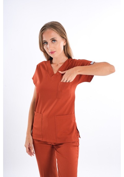 Unisex Kiremit Soft Likra Hemşire Doktor Cerrahi Nöbet Üniforma Takım Kiremit Kiremit