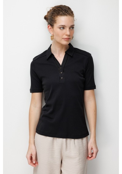 Kadın Polo Yaka İğne İşlemeli Pamuklu Penye T-shirt Siyah Siyah