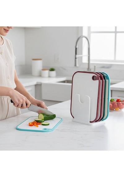 Qlux L-01009 Kitchenq Plastik Kesim Panosu Seti 2 Parça - 19x24 Cm Ve 23,3x35,5 Cm, Renkli Silikon Kenarlı- 8'li Paket Diğer